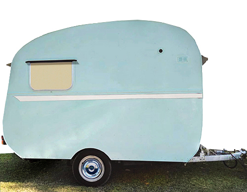 A very small, old-fashioned caravan made of plywood, similar to one used by mobile dentists and their dental assistants servicing western Sydney area primary school students, circa 1967.