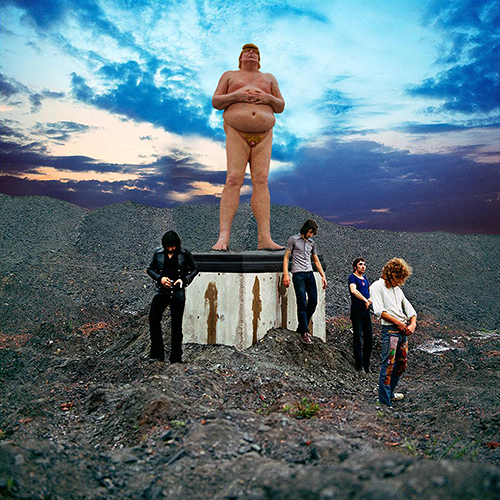 Statue of Trump (nude) stands atop a concrete block, upon which are urine stains deposited by appropriately contemptuous passers by